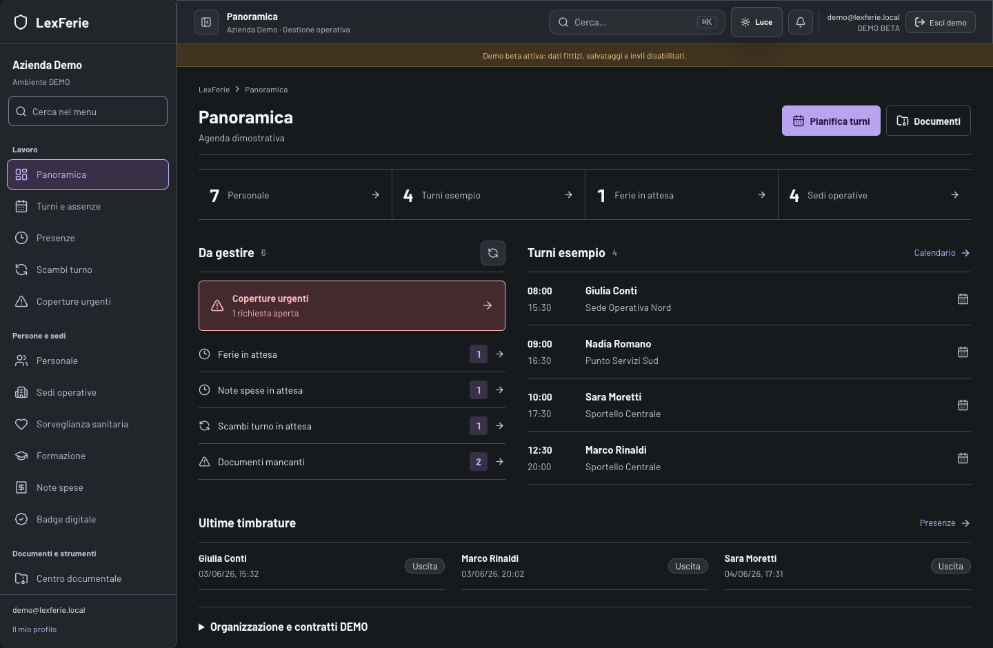 LexFerie: nuova panoramica operativa con Azienda Demo e dati fittizi
