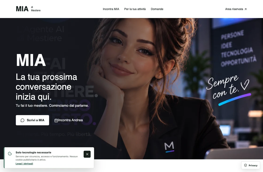 La pagina pubblica di MIA su Mestiere, con accesso alla conversazione e agli incontri